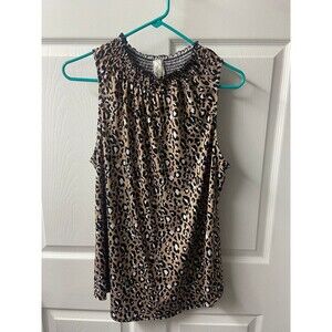 Per Seption Concept Sleeveless Top XL Animal Print Tan Black Smocked Stretch